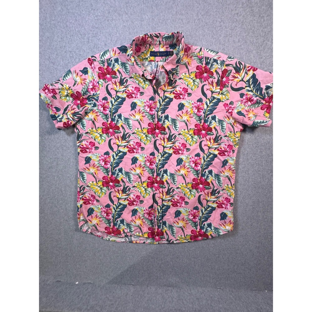 Ralph Lauren Mens Large Pink Tropical Floral Hibiscus Cotton Linen Button Shirt